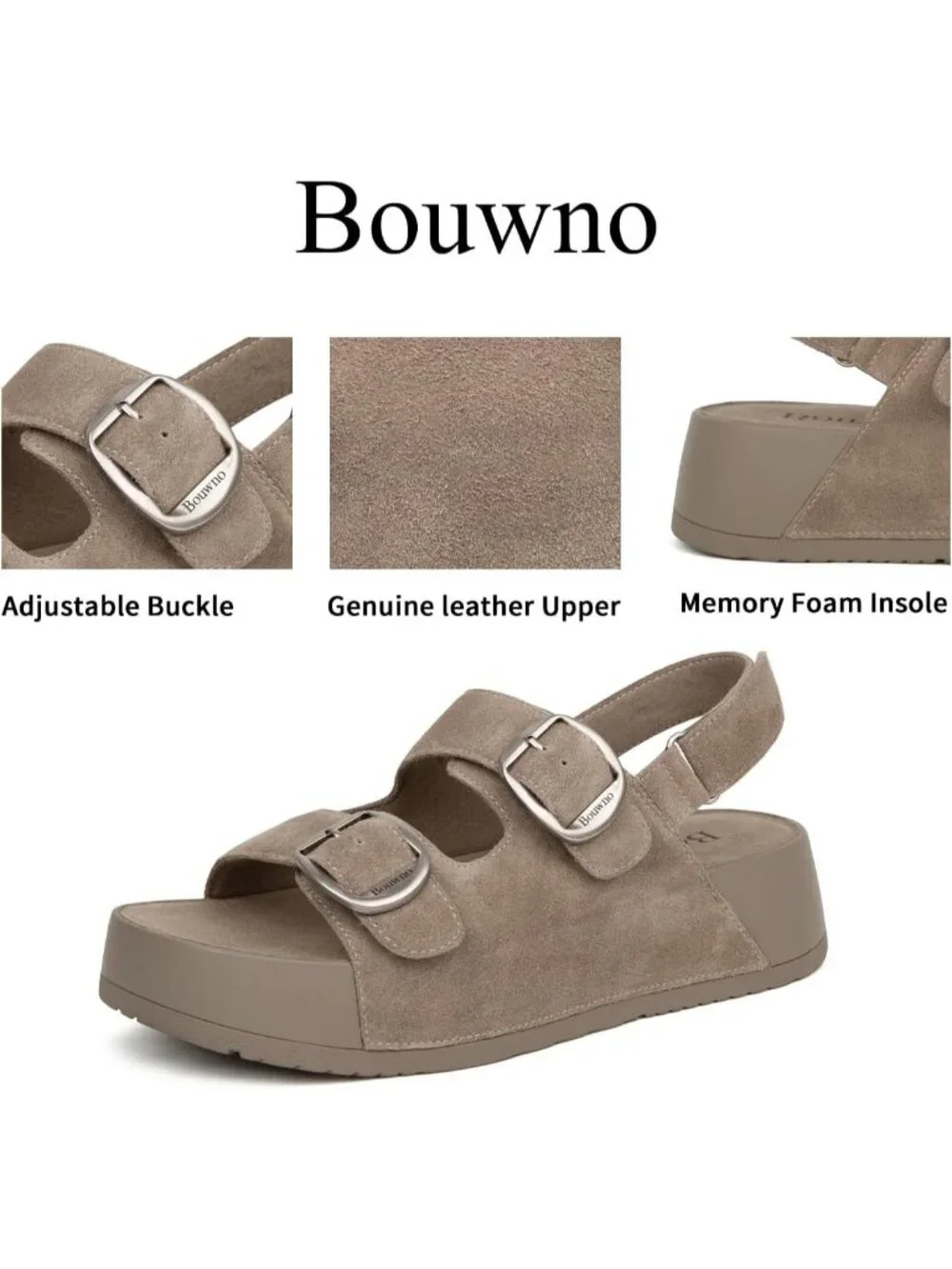 Women's Apricot Brown Genuine Leather Slip on Slide Buckle Platform Sandal Shoes